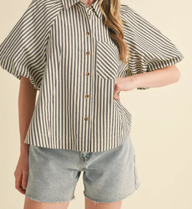 Striped Bubble Sleeve Button Front Top