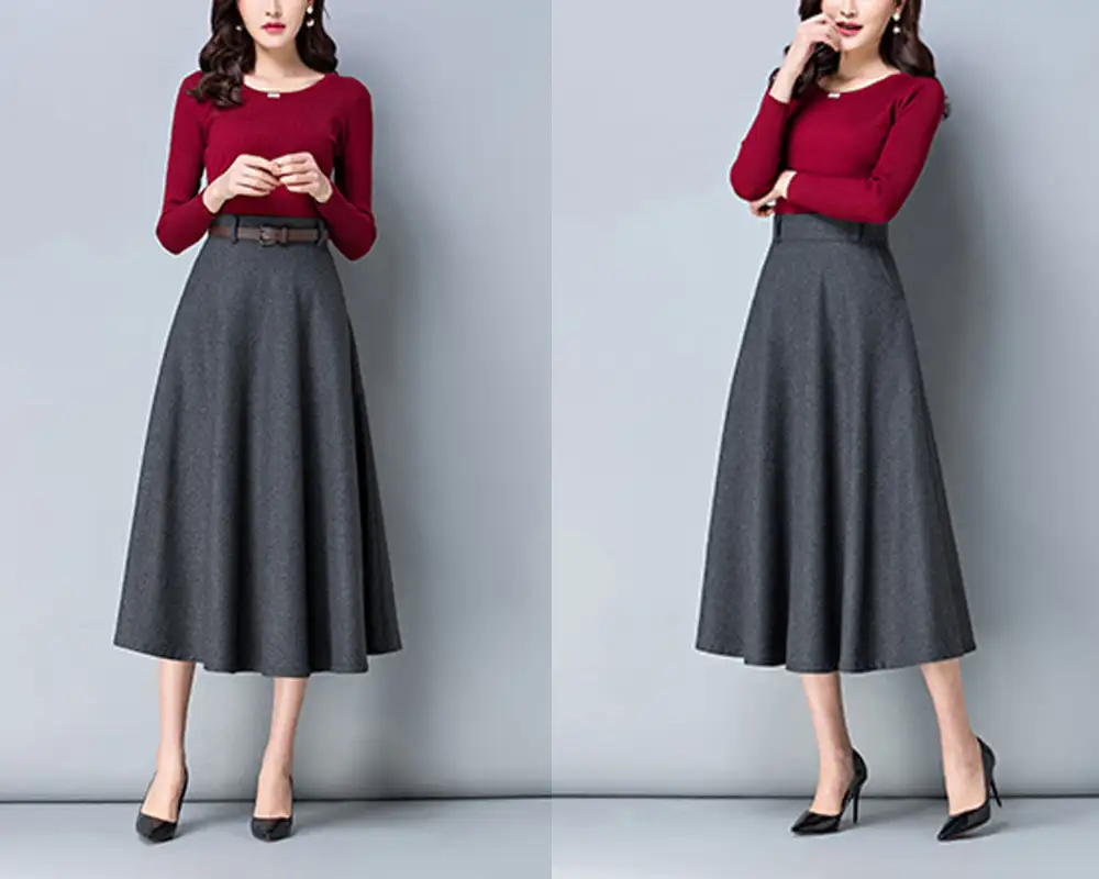 Relaxed Belted Wool Flared Maxi Skirt