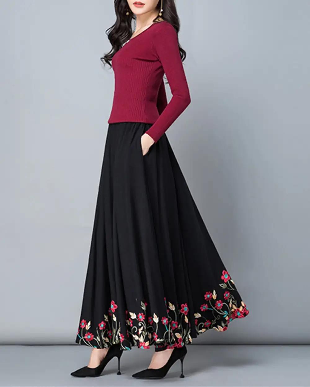 Everyday Embroidered Cotton A Line Maxi Skirt
