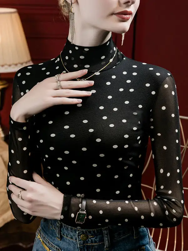 Long Sleeve Curve Fit Polka Dot Mock Neck T-Shirt
