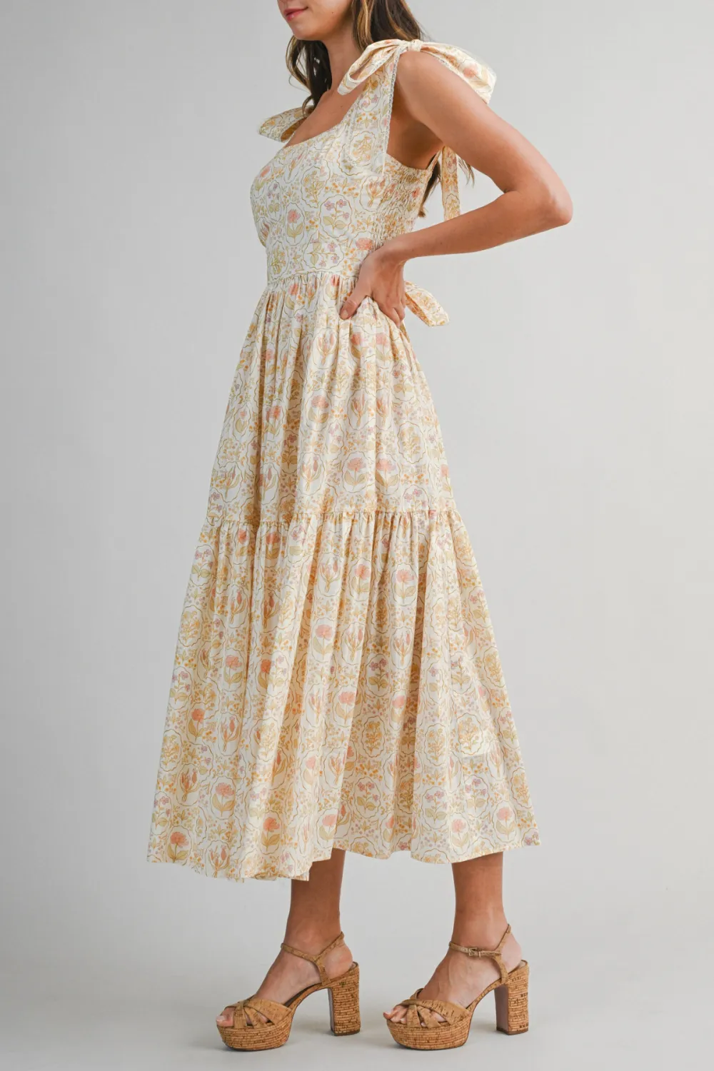 Tie Shoulder Tiered Lace Trim Midi Dress
