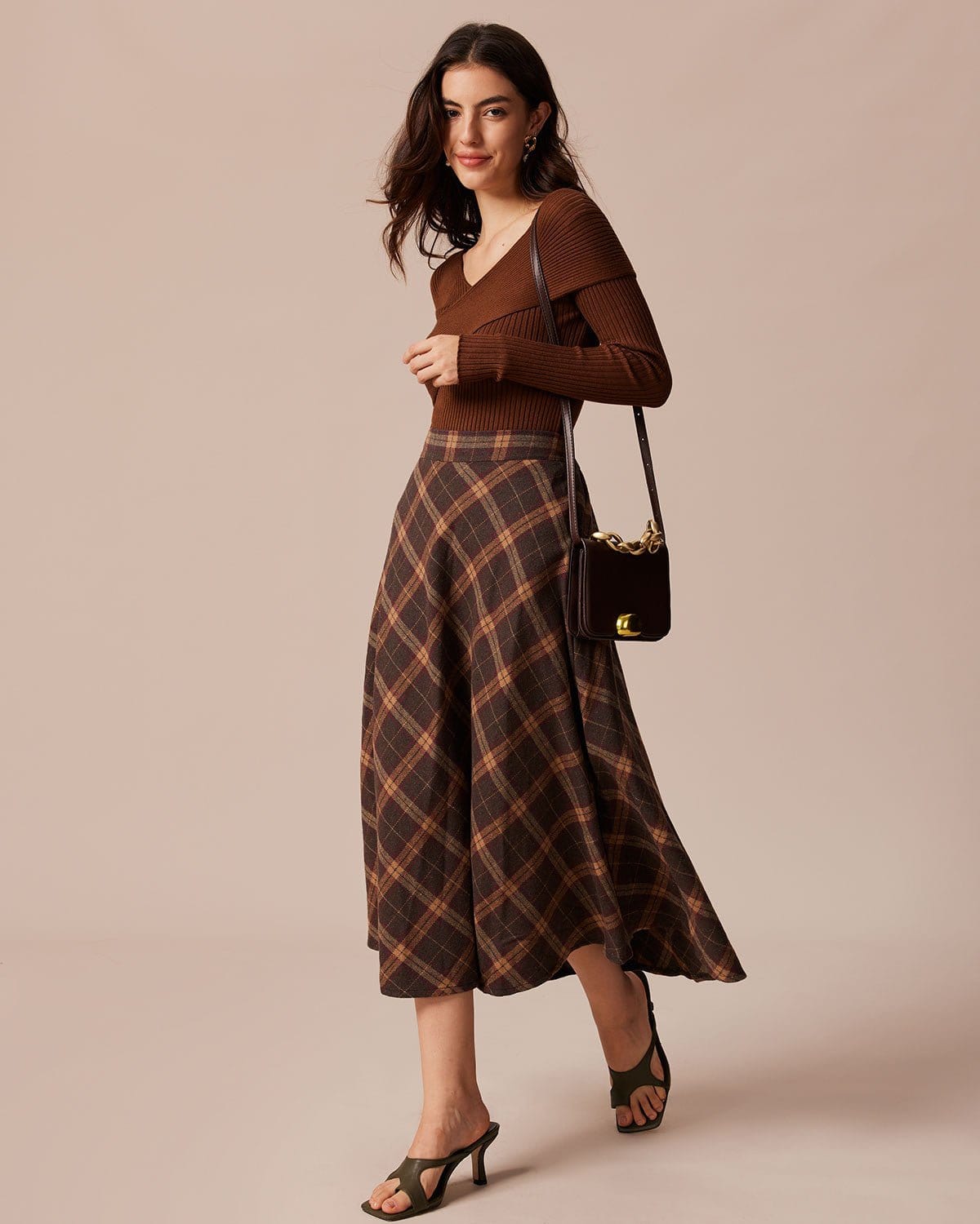 The Brown Elastic Waist Plaid A-Line Midi Skirt