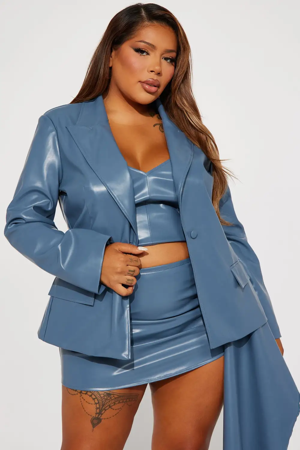 Paris 3 Piece Faux Leather Skirt Set - Slate Blue