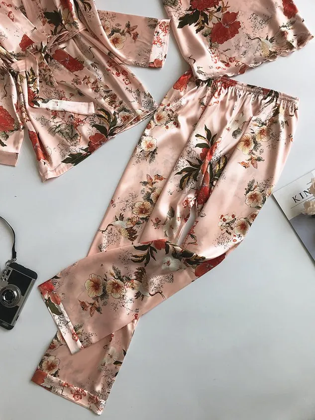 Floral Silk Fabric Long-Sleeve Jacket Camisole Trousers Pajamas Three-Piece Set