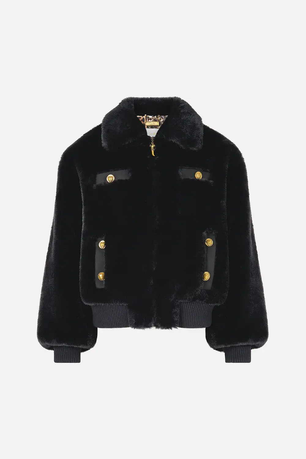 Printed Faux Fur Bomber with Pocket Details Jacket
