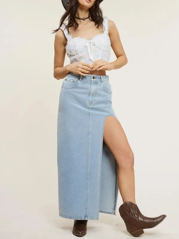 High Slit Denim Maxi Skirt