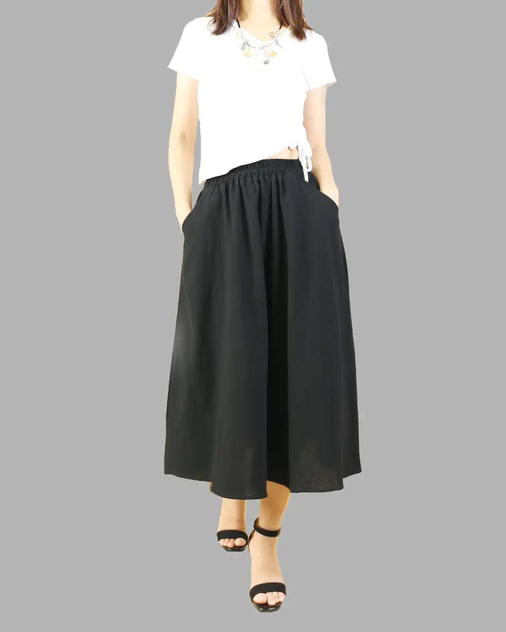 Relaxed Boho Linen Flared Midi Skirt