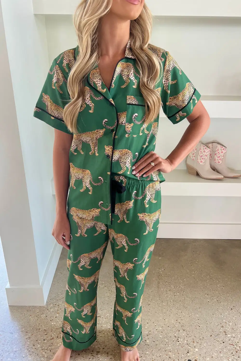 Cheetah Print Short Sleeve Shirt and Pants Pajama Set