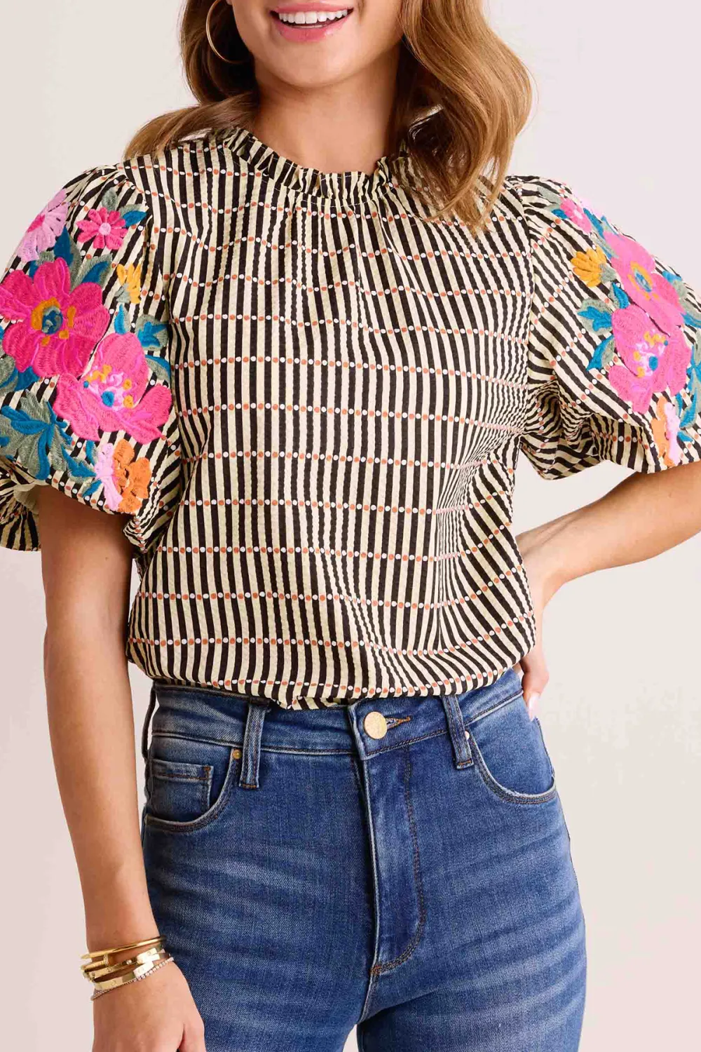 Floral Embroidered Puff Sleeve Checked Top