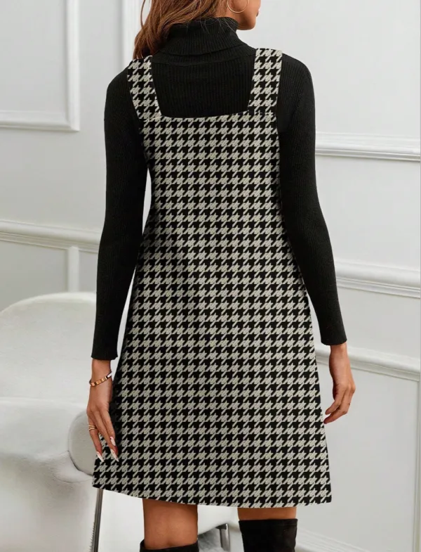 Houndstooth Print V Neck Sleeveless Mini Dress