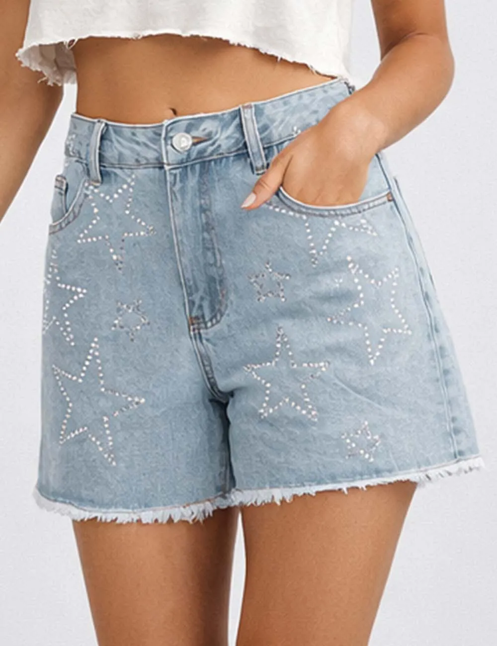 Rhinestone Star Raw Edge Hem Denim Shorts