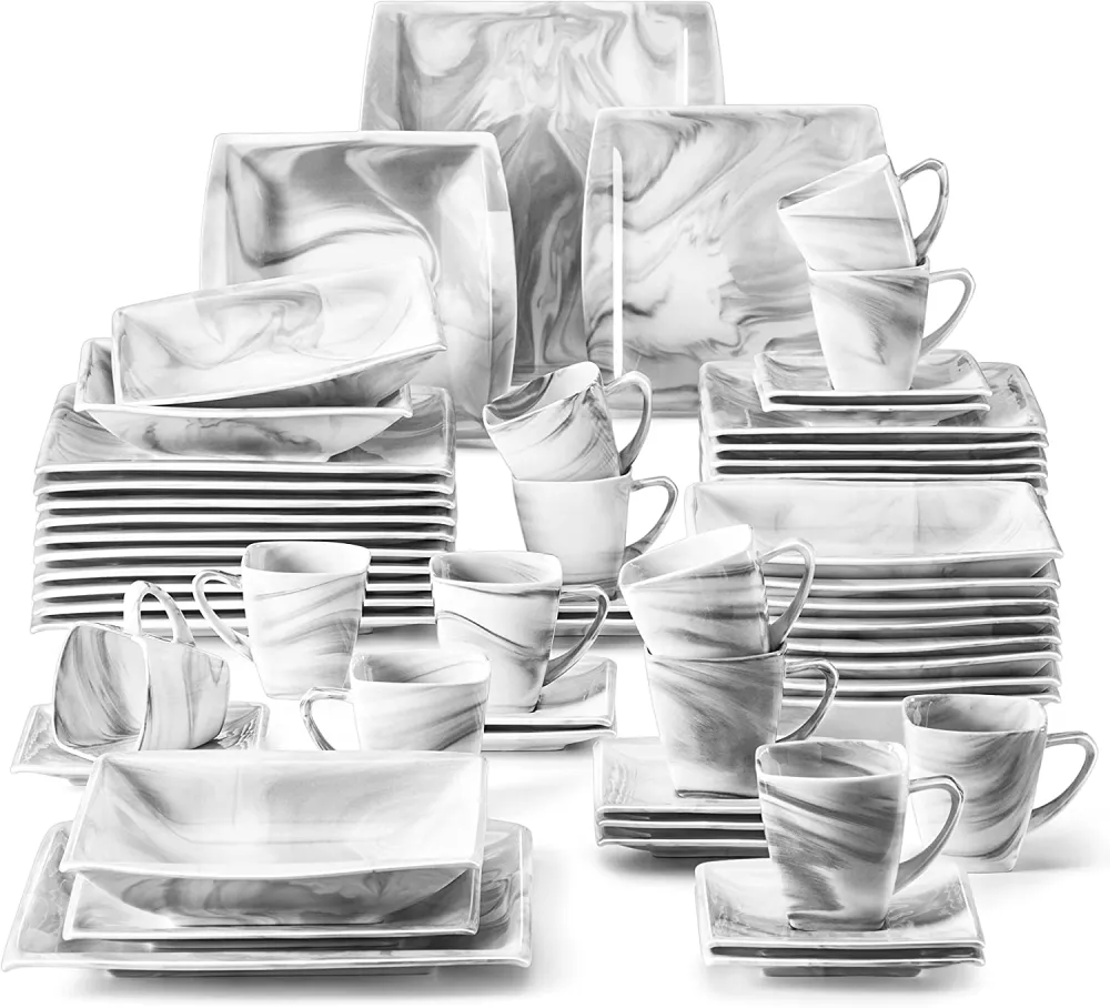 MALACASA Dish Set for 12, 60 Piece Marble Grey Square Dinnerware Sets, Porcelain Dinner Set with Plates and Bowls Sets, Cups and Saucers, Dishware Sets Kitchen Dishes Microwave Safe, Series Blance