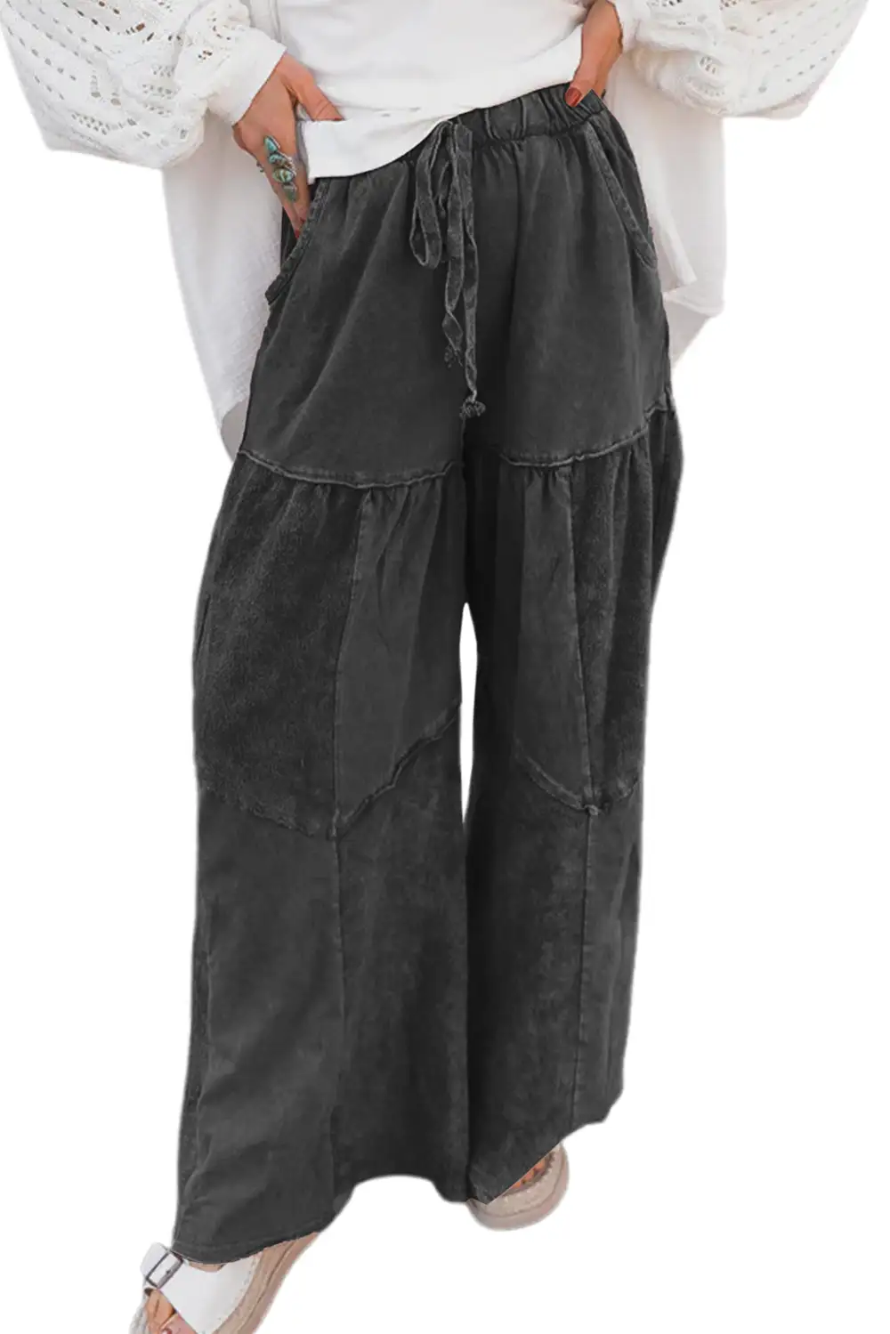 Wash Tiered Wide Leg Patchwork Drawstring Pants