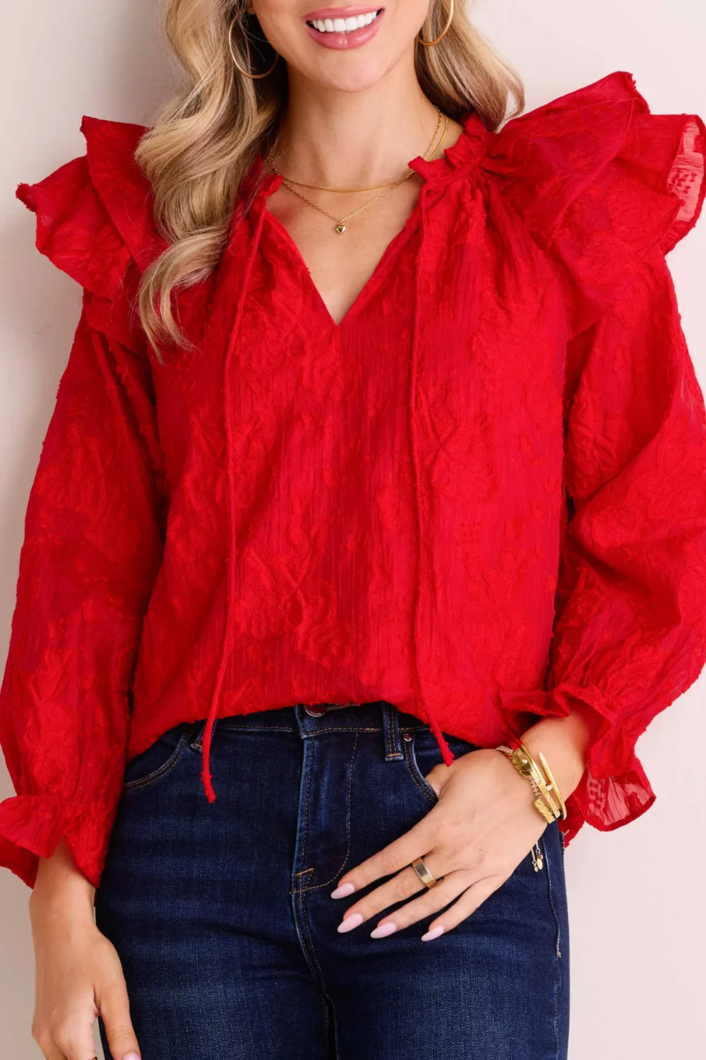 Red Ruffled Sleeve V-Neck Long Sleeve Blouse