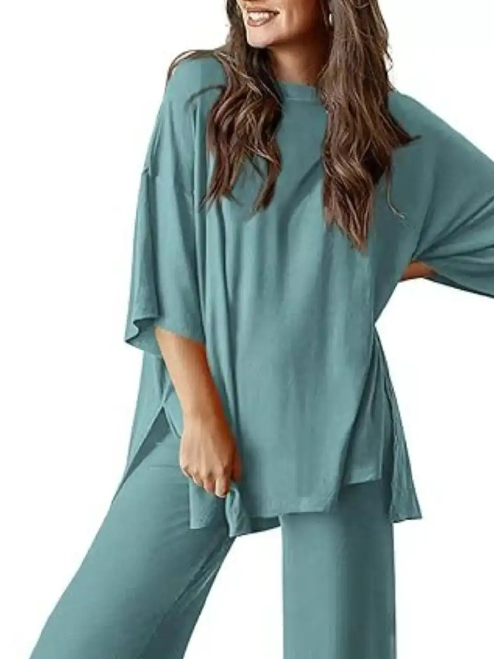 Relaxed Fit Round Neck Top and Pants Two Piece Set