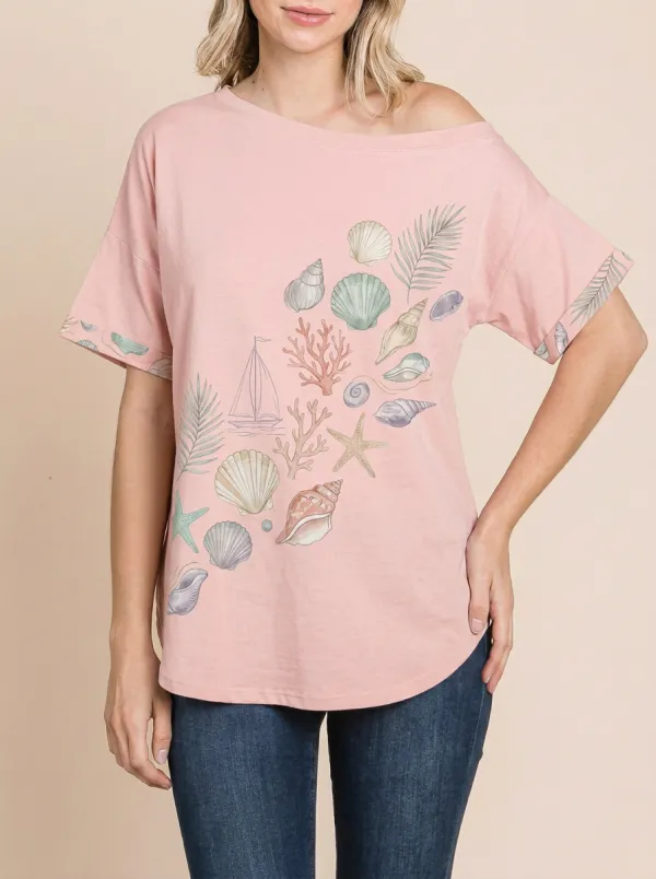 Women's Beach Lover Seashell Sailboat Coral Printed T-shirt