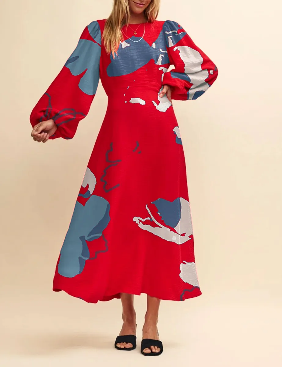 Red Linen-blend Balloon Sleeve Zora Midi Dress