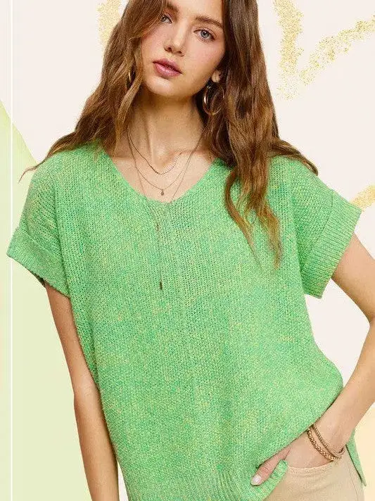 Classy and Fabulous Soft V-Neck Short Sleeve Sweater Top