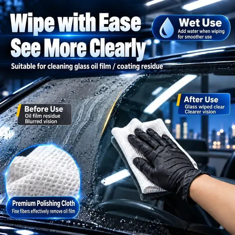 Car Glass Polishing Cloth, Windshield Oil Film & Water Stain Remover, Cerium Oxide Cleaning Pad for Car Windows, Windshield & Rearview Mirror, 3-Pack with Gloves