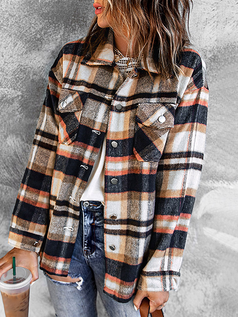 Geometric Plaid Print Pocketed Shacket