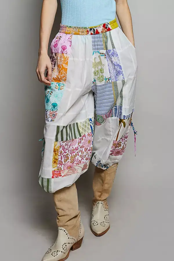 Everyday Printed Patchwork Wide Leg Pants with Adjustable Side Drawstring