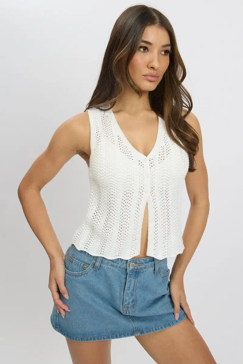 White Crochet Knit Vest V Neck