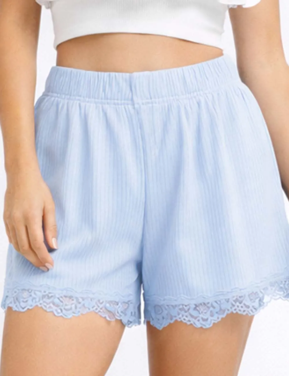 Ribbed Knit Elastic Waist Lace Trim Wide Leg Shorts