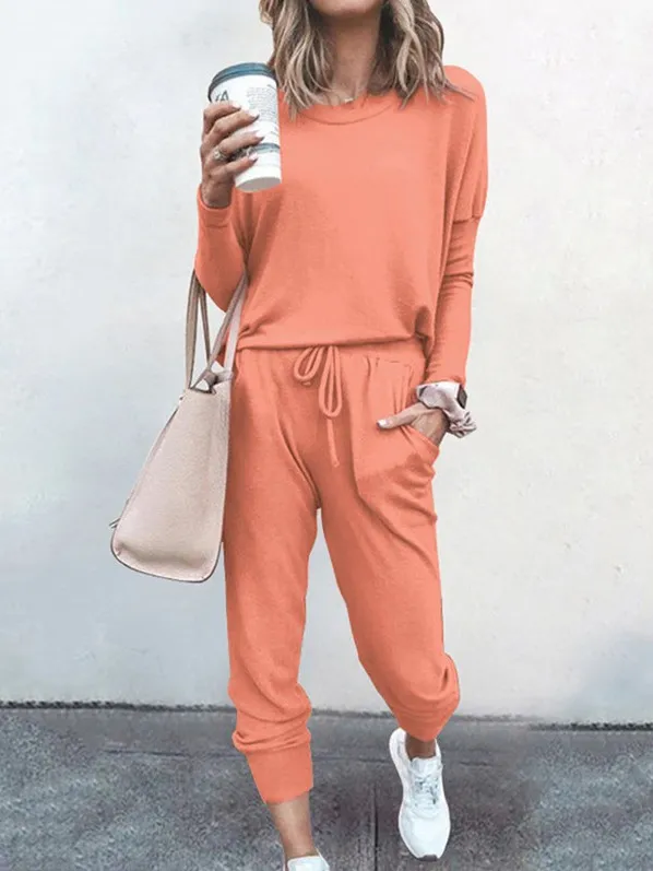Solid Color Casual Long Sleeve Trousers Two Piece Suit
