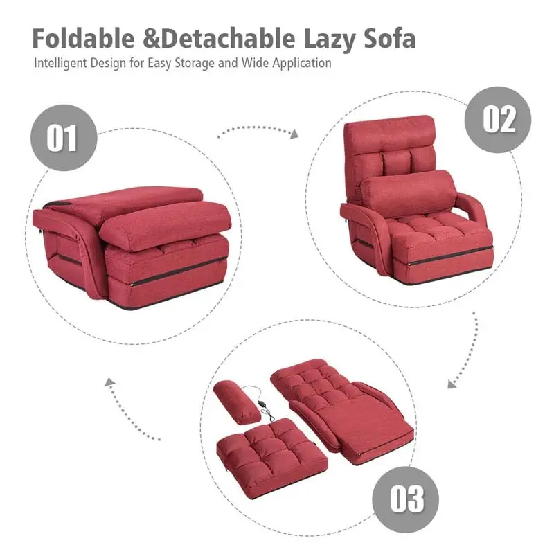 Foldable Massage Floor Chair Recliner, Single Lazy Sofa with Ergonomic Armrest, Adjustable 5 Backrest Positions & Detachable Mat