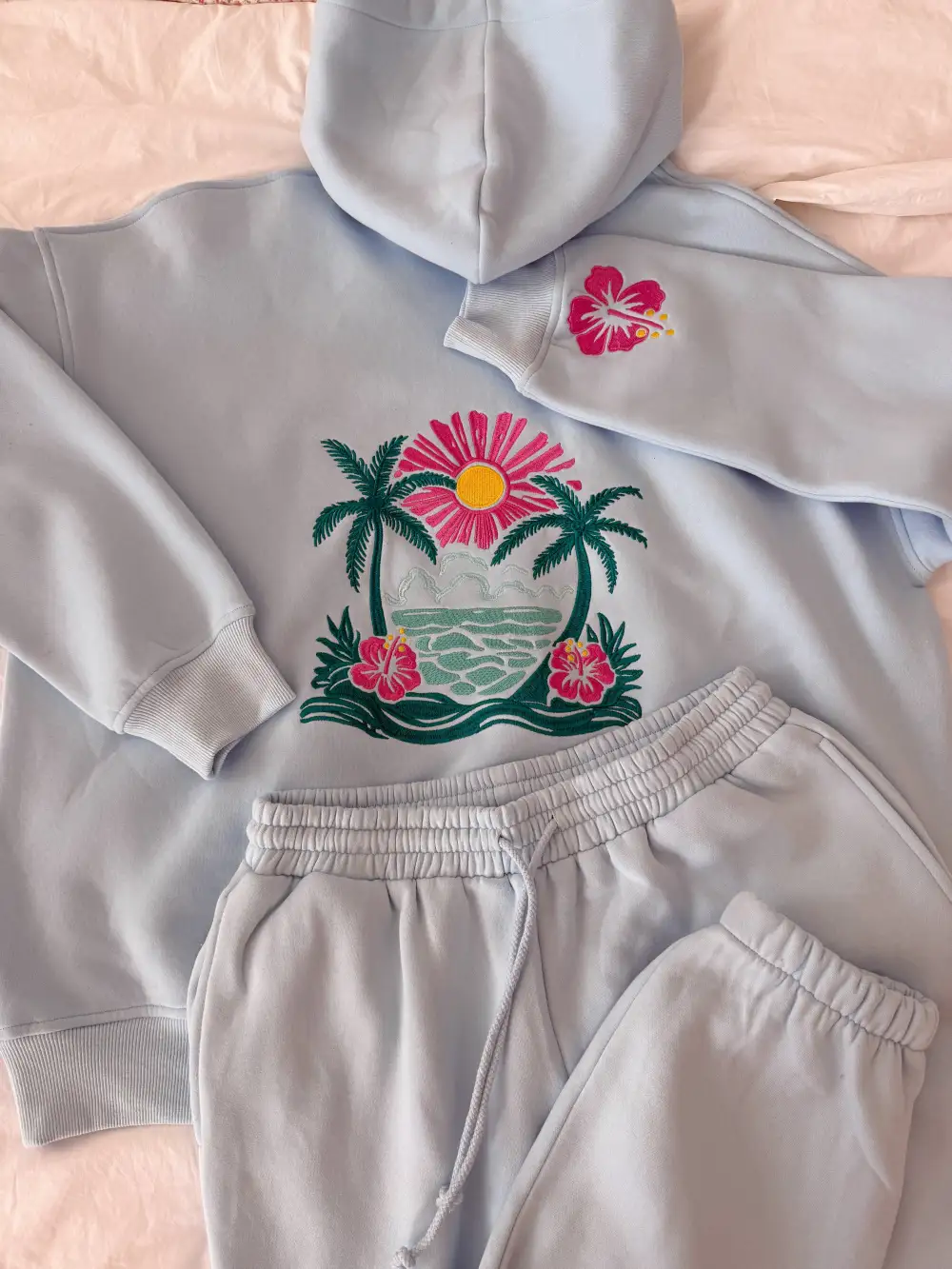 Icy Hibiscus Flower Beach Babe Embroider Hoodie
