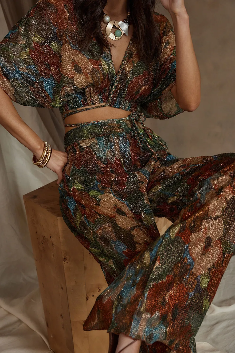 Blue Multicolor Metallic Floral Pant