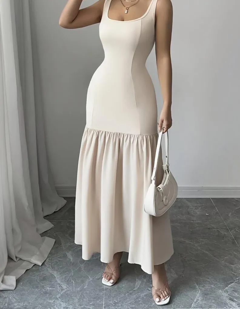 Premium Peach Sleeveless Pleated Waist Maxi Dress