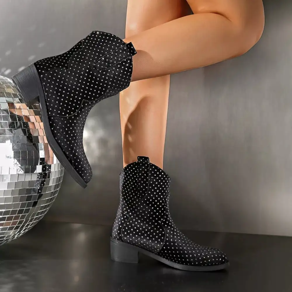 Sparkling Pointed Toe Block Heel Boots