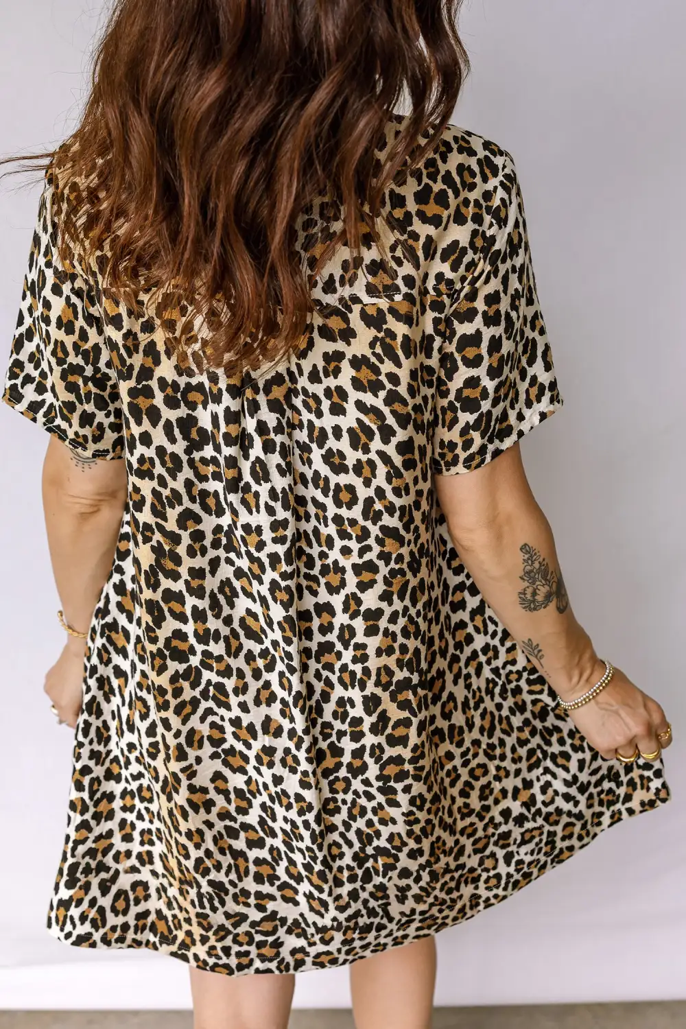 Multicolour Half Buttons Short Sleeve Loose Leopard Mini Dress With Pockets