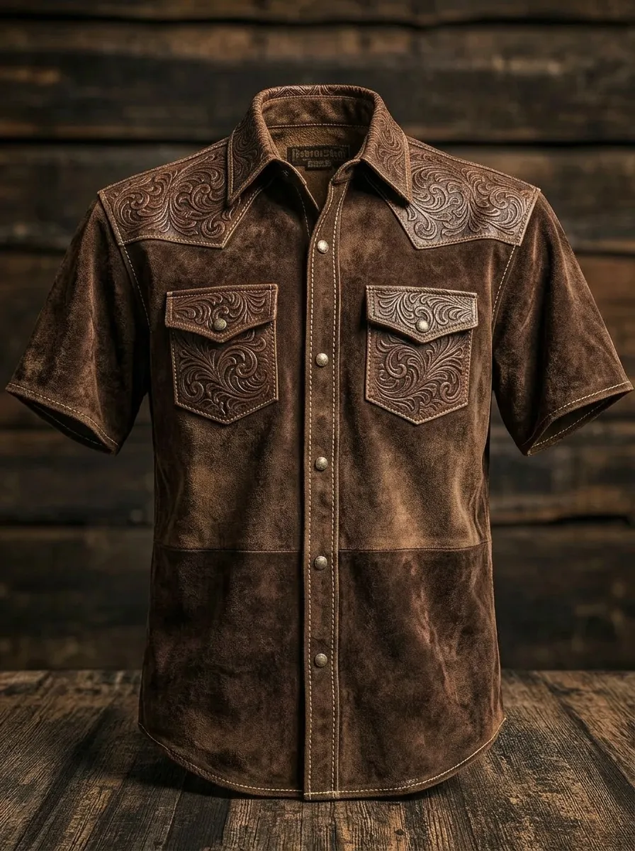 Men's Western Cowboy Tooled Leather Pattern Printed Shirt