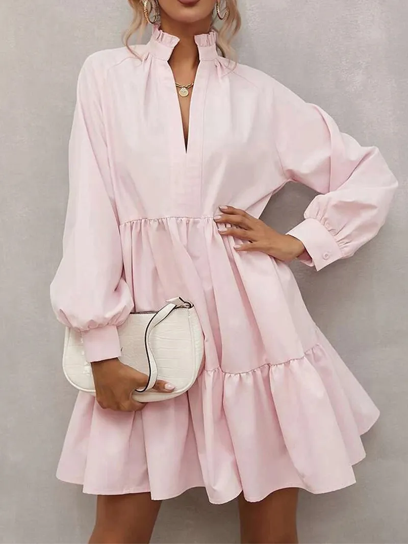 Pink Frilled Stand Collar Long Sleeve Ruffle Dress