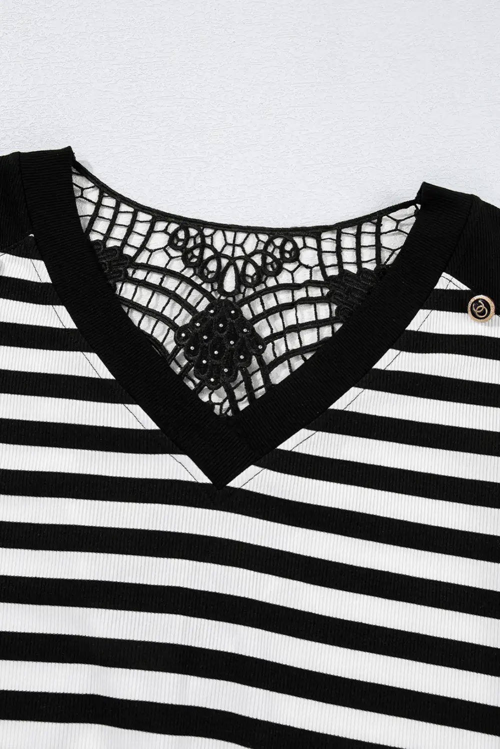 Black Stripe Crochet Hollow-Out Back Buttoned Shoulder V Neck Top