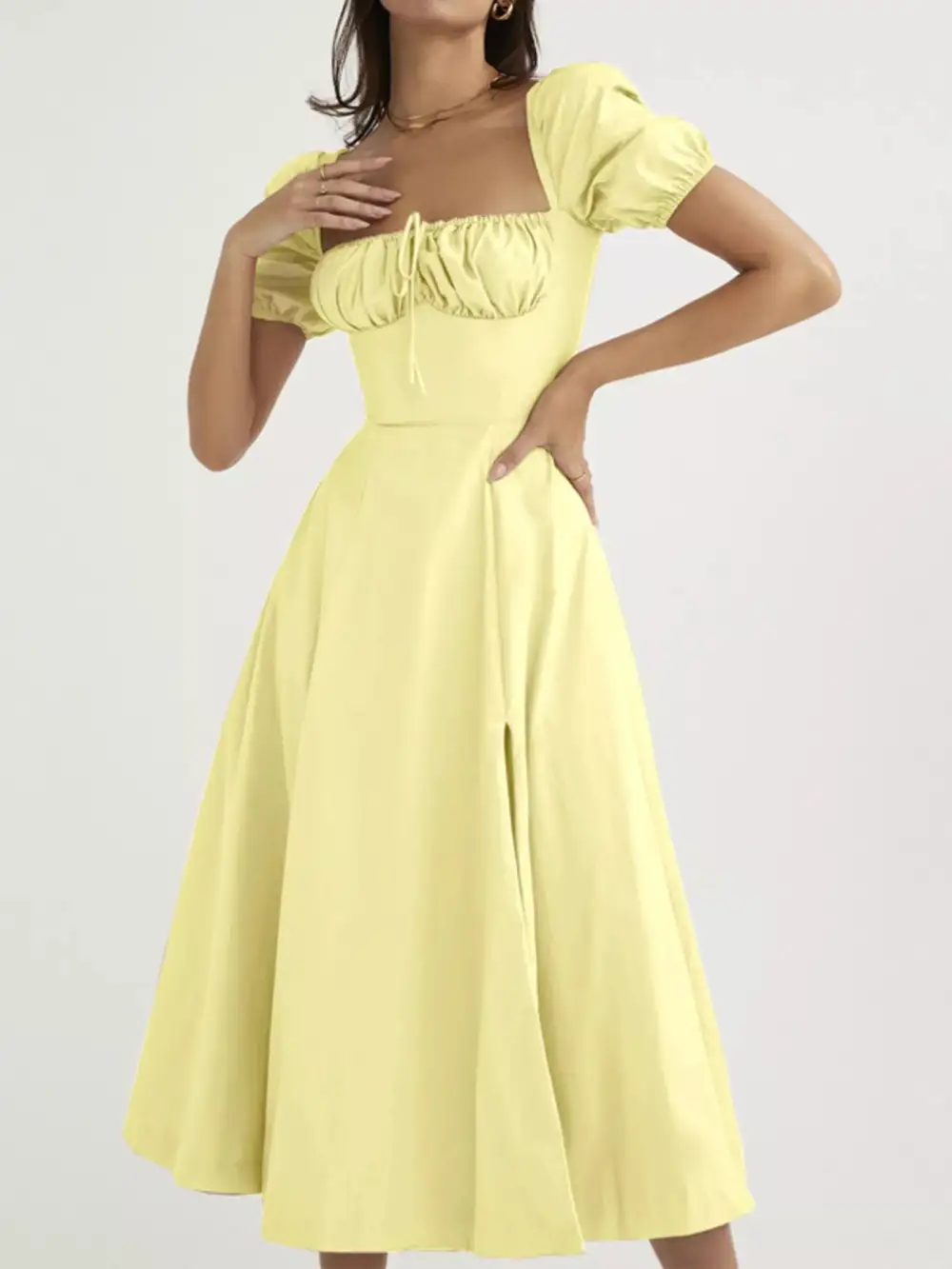 Slit Puff Sleeve Midi Dress