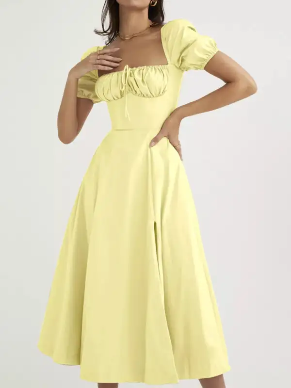 Slit Puff Sleeve Midi Dress