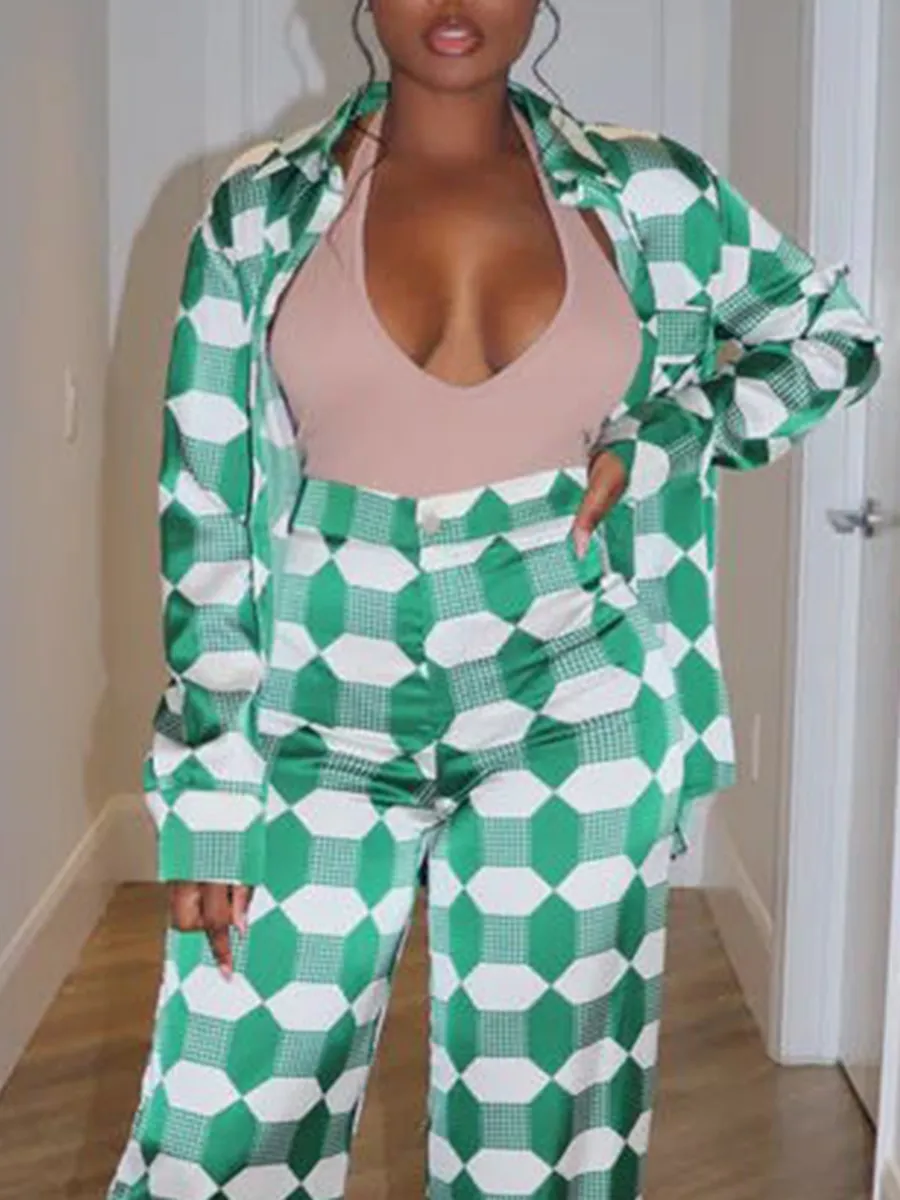 Green Geometric Pattern Satin Shirt Wide Leg Pants Set