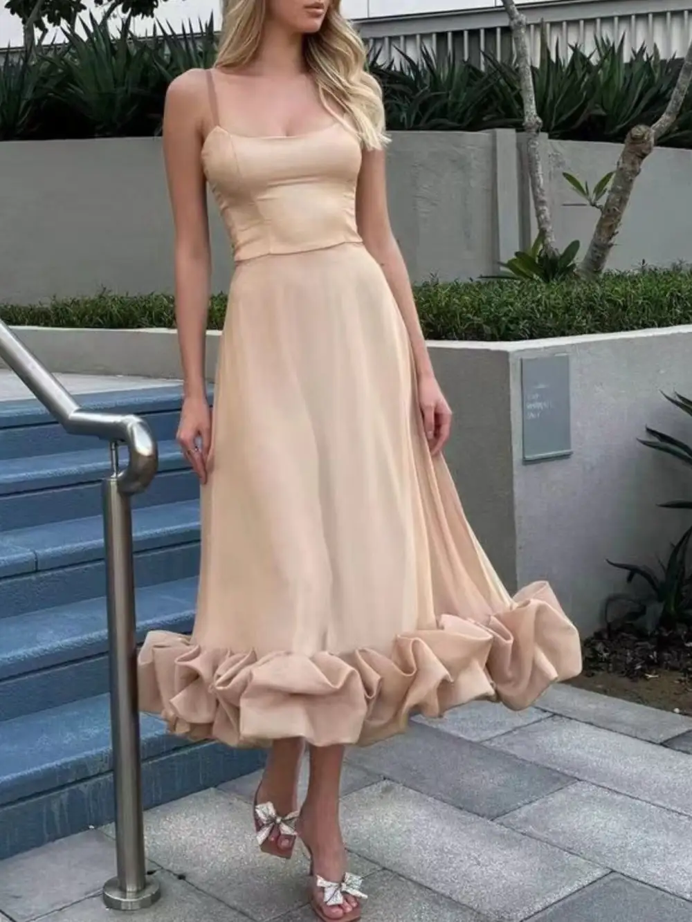 Scoop Neck Ruffle Midi Dress