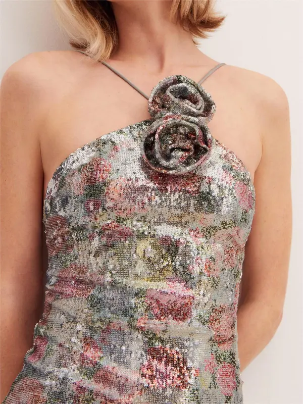 Sequinned halter-neck floral dress