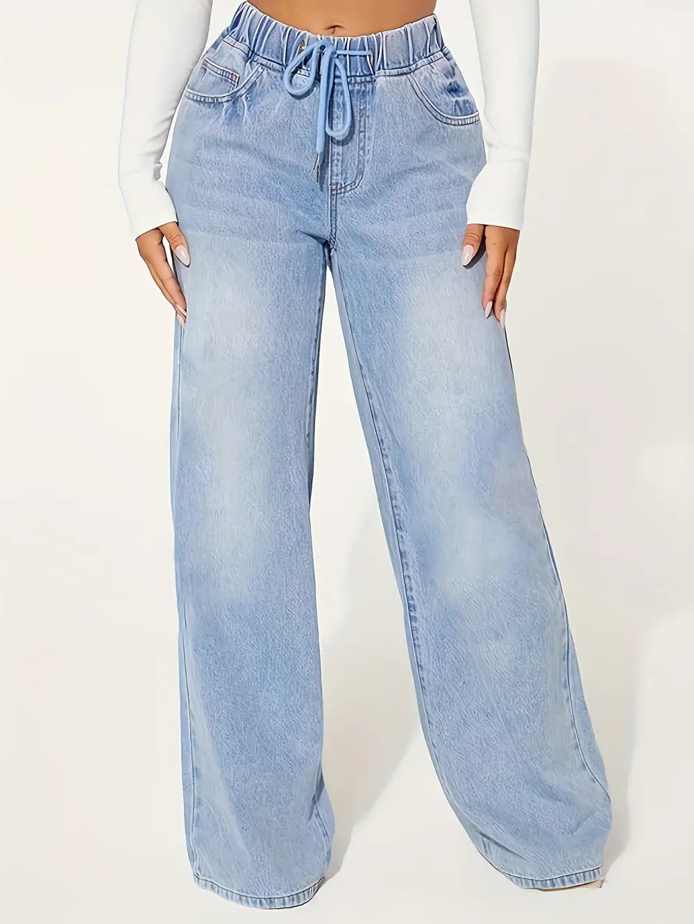 Distressed Baggy Jeans: Relaxed Comfort (Blue Denim, Drawstring Waist)