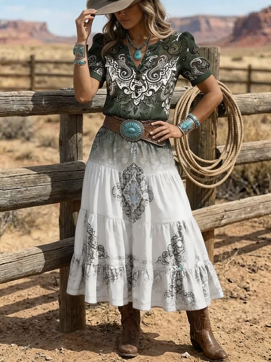 Women's Western Paisley Print Ruffle Maxi Dress