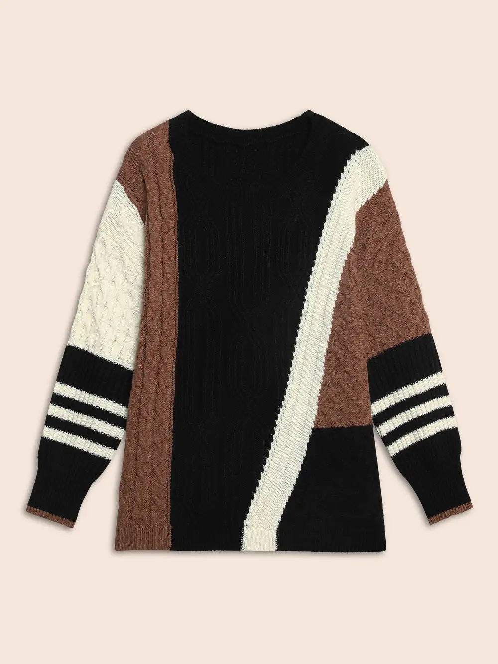 Contrast Patchwork Cable Knit Pullover