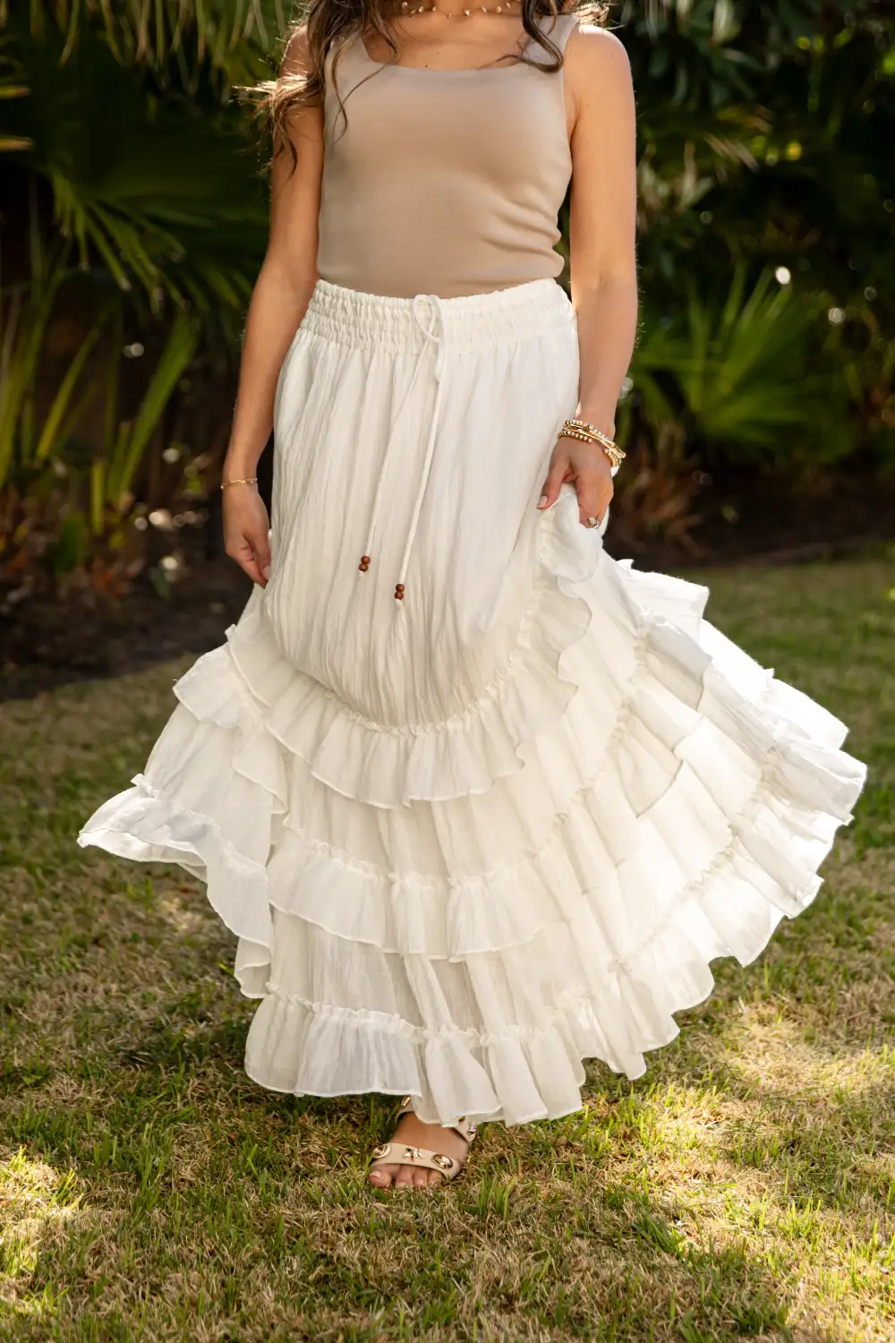 Mid Rise Elastic Waist Smocked Maxi Skirt
