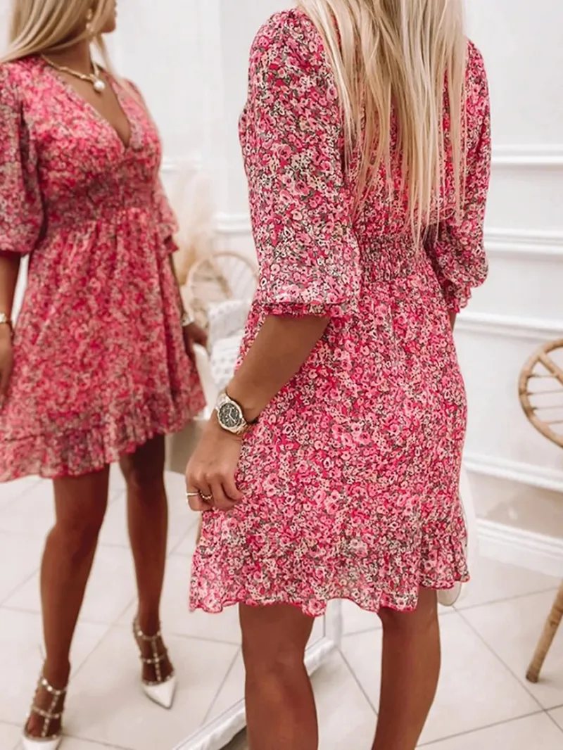 Casual Printed V-neck Mini Dress