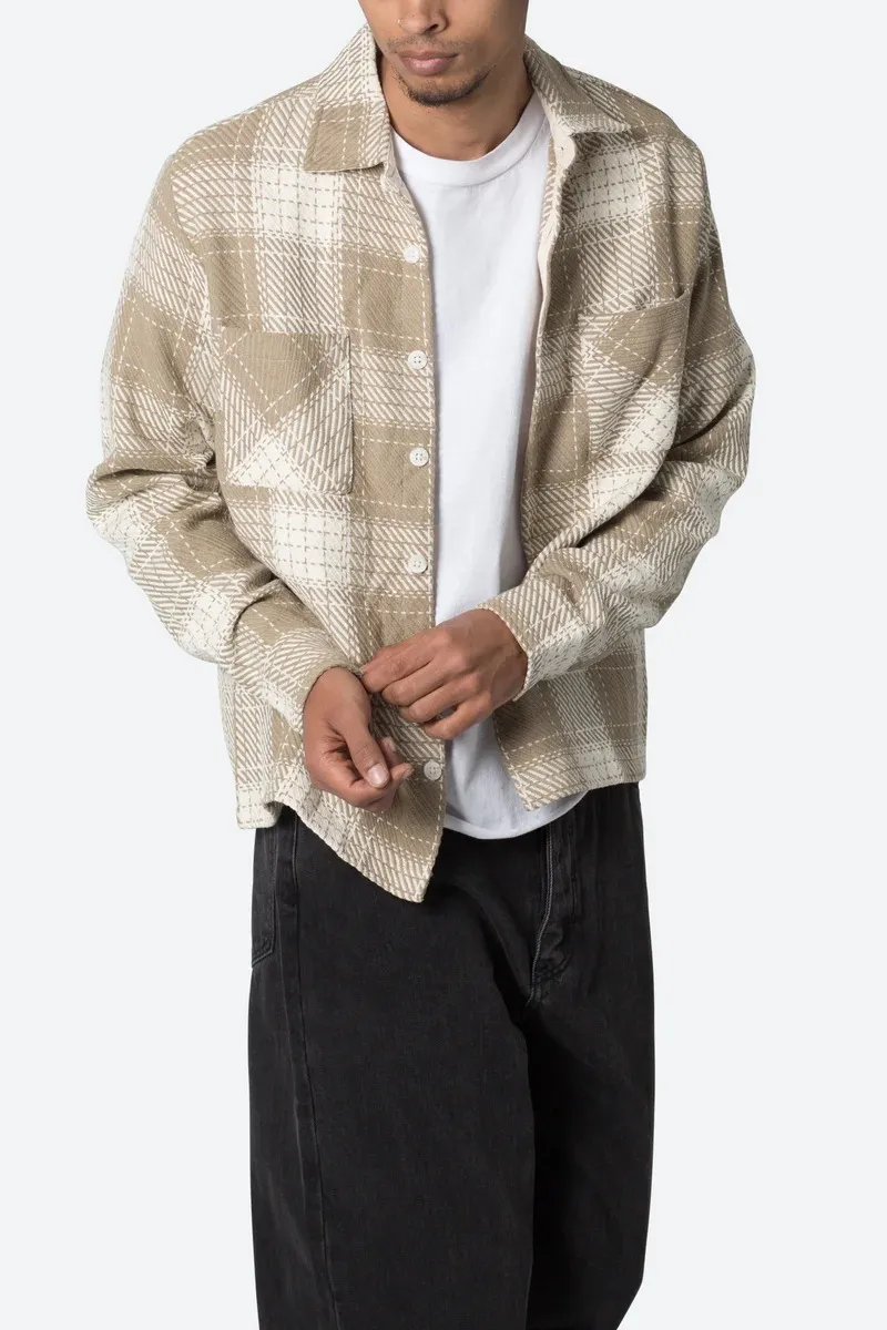LIGHT KHAKI AND WHITE PLAID FLANNEL SHIRT