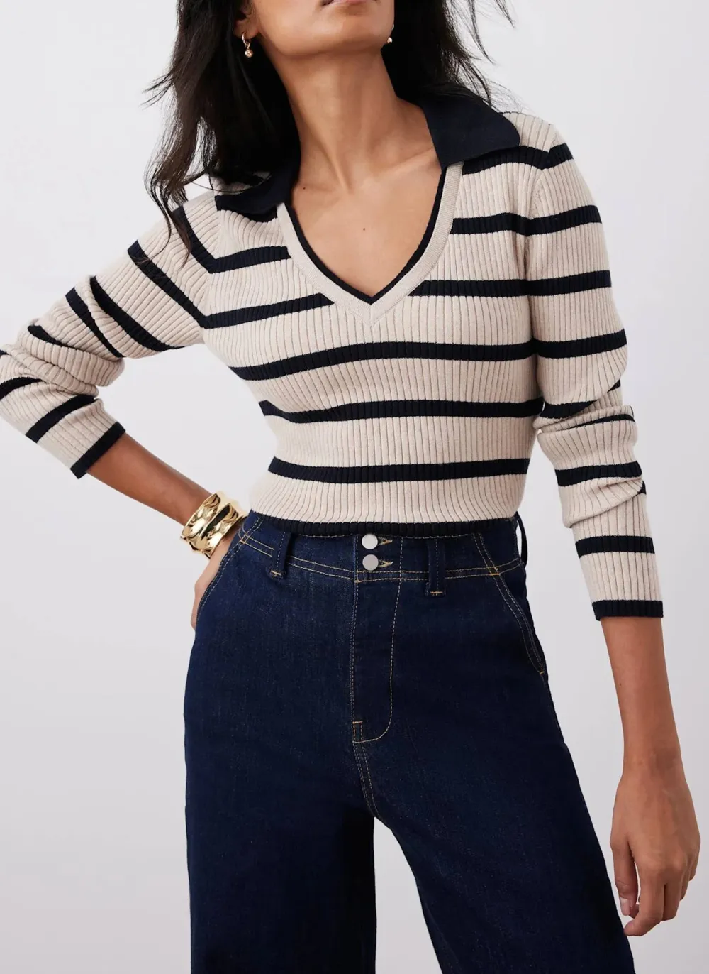 Casual Style Cream Cotton Blend Striped Ribbed Top