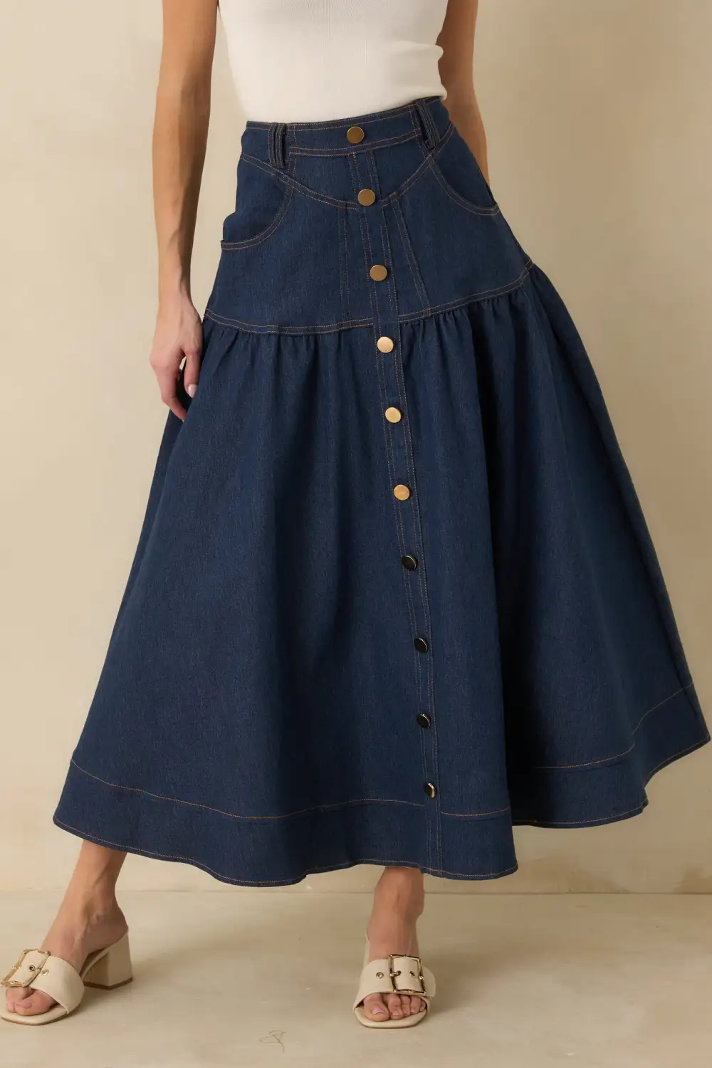 Country Dark Wash Denim Button-Down Maxi Skirt